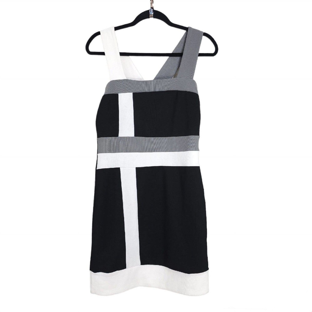 Caught Women Dress Vtg 90s Y2K Black White Gray Colorblock Mini Bodycon Sheath L